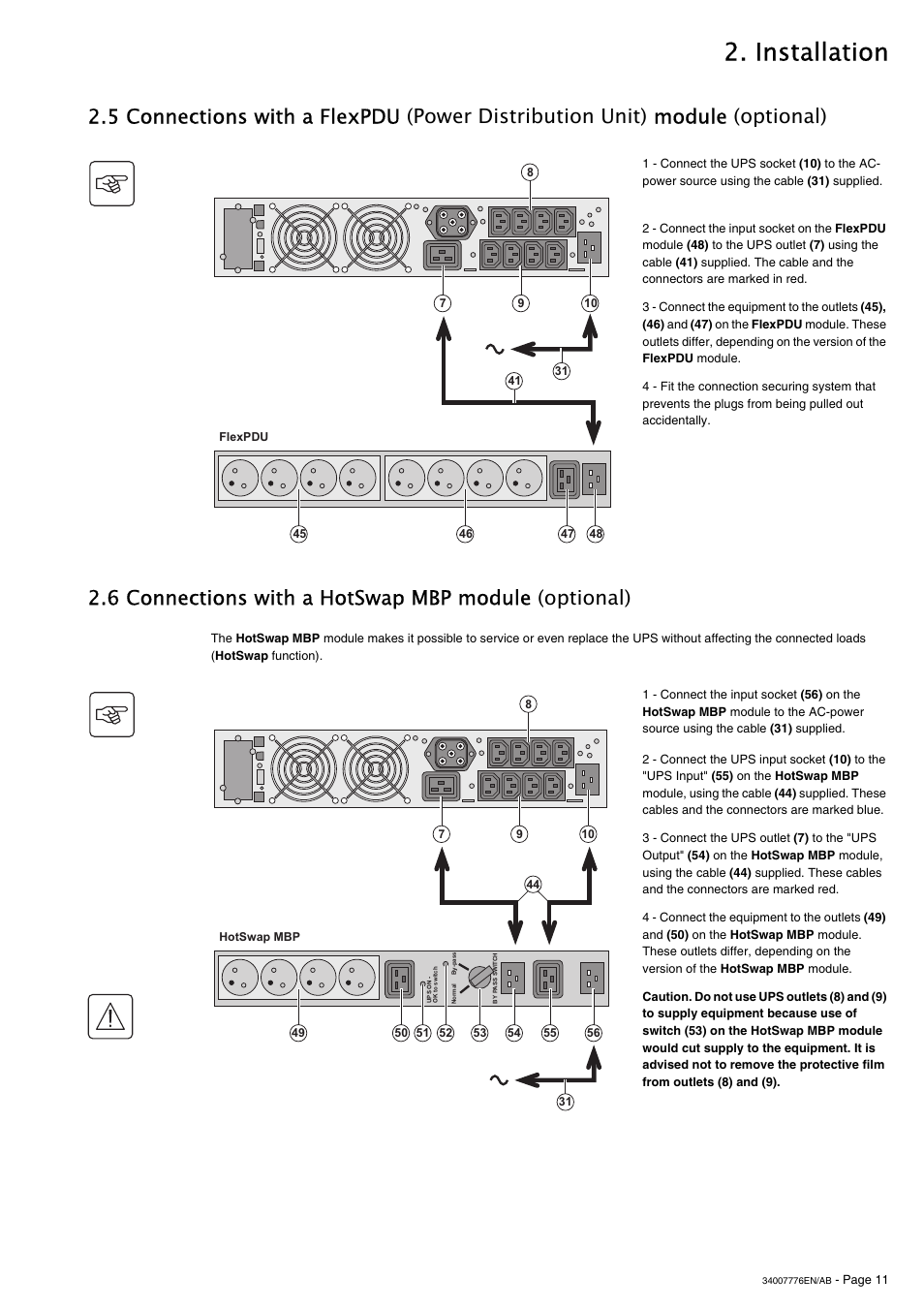 Installation, 6 connections with a hotswap mbp module (optional) | MGE UPS Systems Pulsar M 2200 RT 2U User Manual | Page 11 / 24