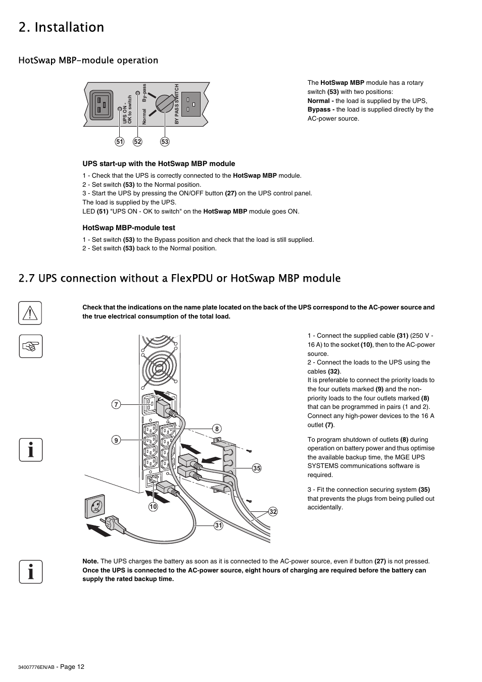 Installation, Hotswap mbp-module operation | MGE UPS Systems Pulsar M 2200 RT 2U User Manual | Page 12 / 24