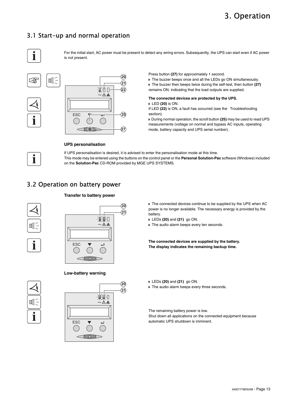 Operation, 1 start-up and normal operation, 2 operation on battery power | MGE UPS Systems Pulsar M 2200 RT 2U User Manual | Page 13 / 24