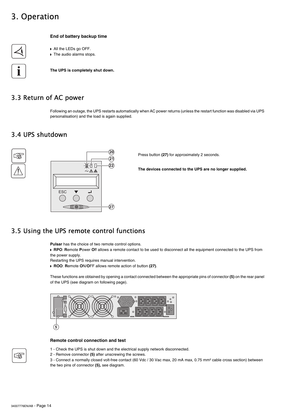 Operation, 3 return of ac power, 4 ups shutdown | 5 using the ups remote control functions | MGE UPS Systems Pulsar M 2200 RT 2U User Manual | Page 14 / 24