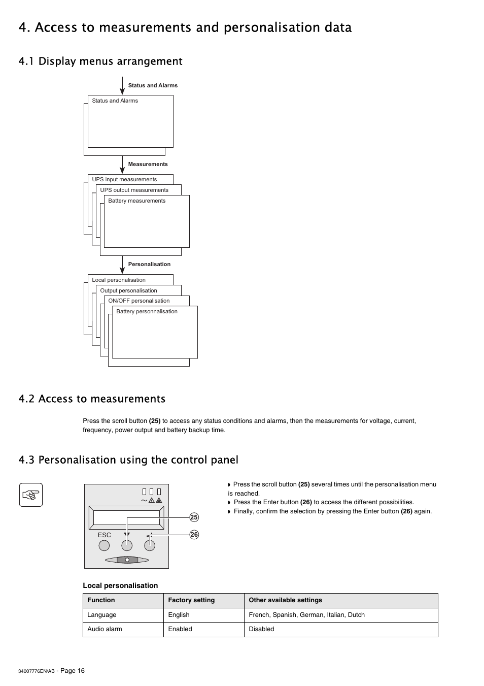 Access to measurements and personalisation data, 3 personalisation using the control panel | MGE UPS Systems Pulsar M 2200 RT 2U User Manual | Page 16 / 24
