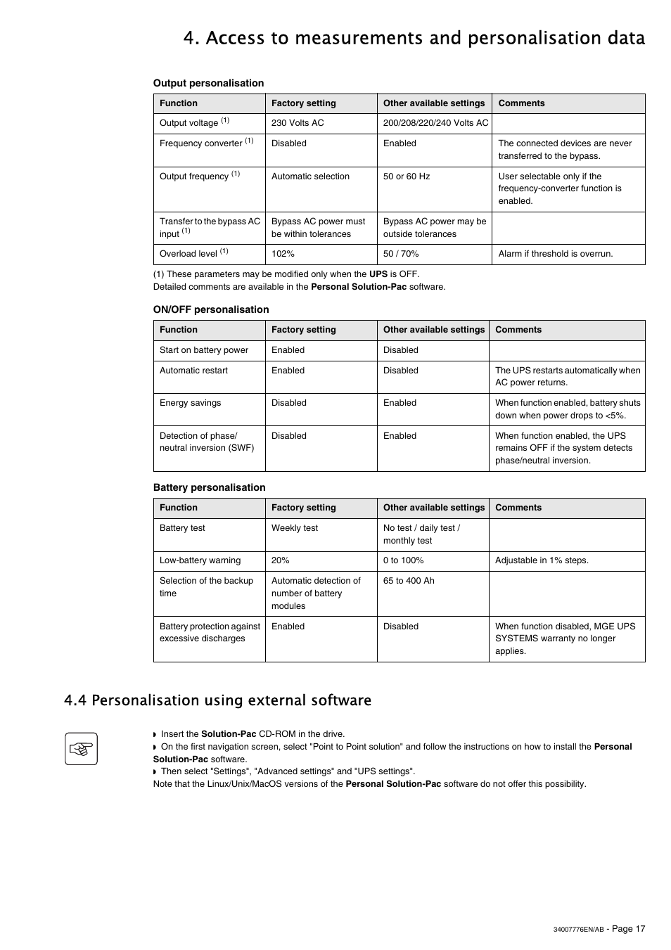 Access to measurements and personalisation data, 4 personalisation using external software | MGE UPS Systems Pulsar M 2200 RT 2U User Manual | Page 17 / 24