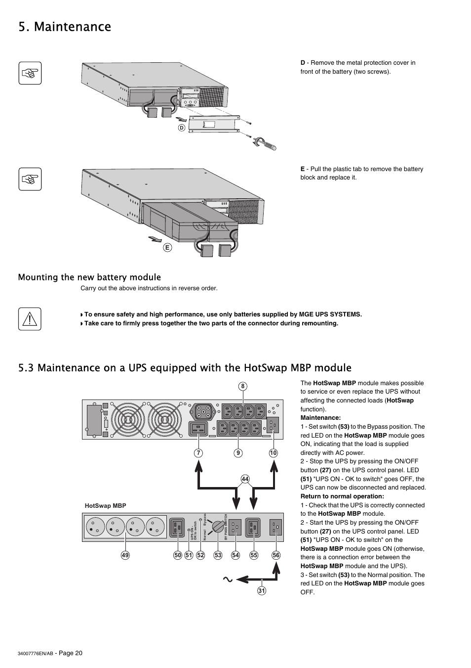 Maintenance, Mounting the new battery module | MGE UPS Systems Pulsar M 2200 RT 2U User Manual | Page 20 / 24