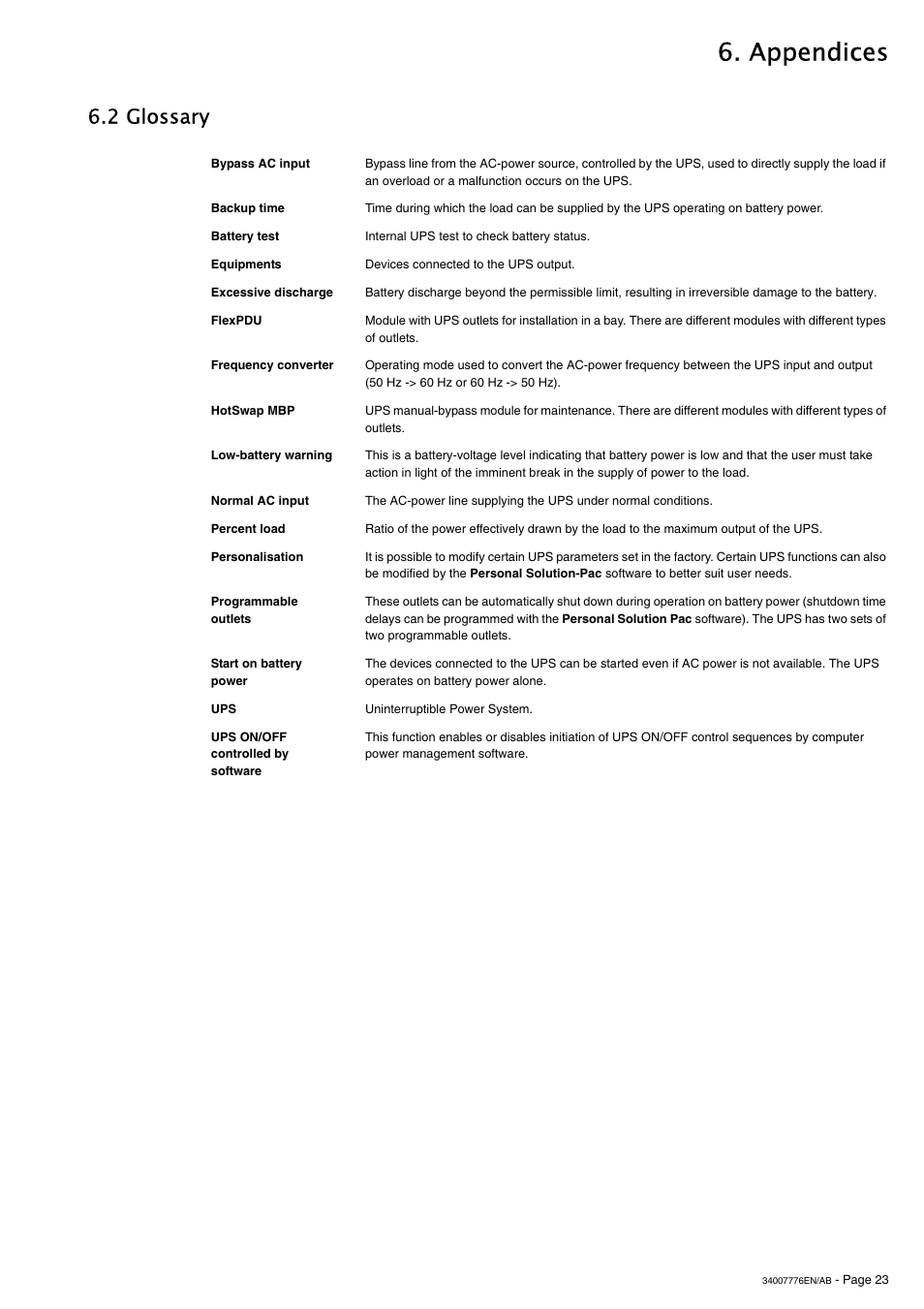 Appendices, 2 glossary | MGE UPS Systems Pulsar M 2200 RT 2U User Manual | Page 23 / 24