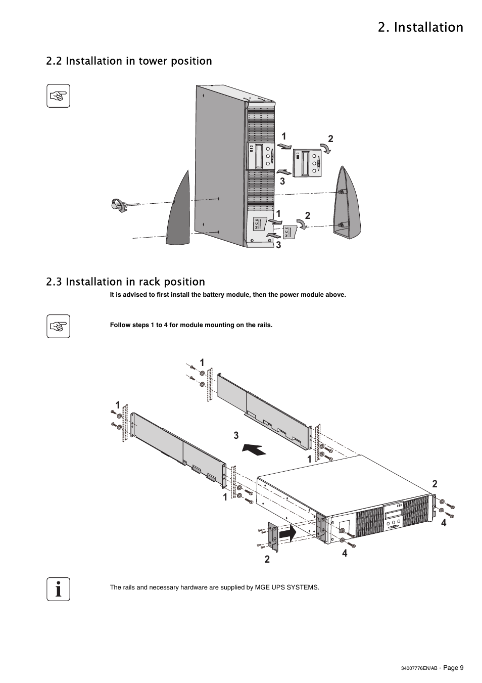 Installation | MGE UPS Systems Pulsar M 2200 RT 2U User Manual | Page 9 / 24