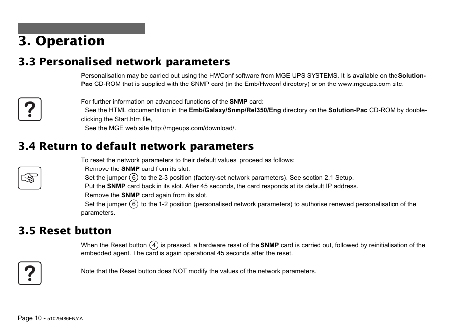 Operation, 3 personalised network parameters, 4 return to default network parameters | 5 reset button | MGE UPS Systems SNMP 10BT User Manual | Page 10 / 14