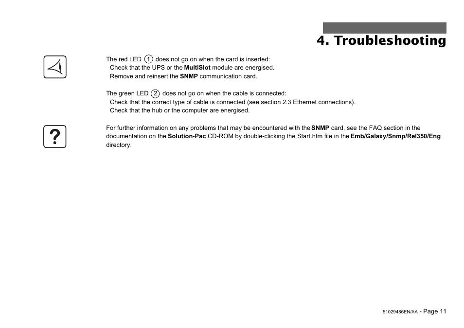Troubleshooting | MGE UPS Systems SNMP 10BT User Manual | Page 11 / 14