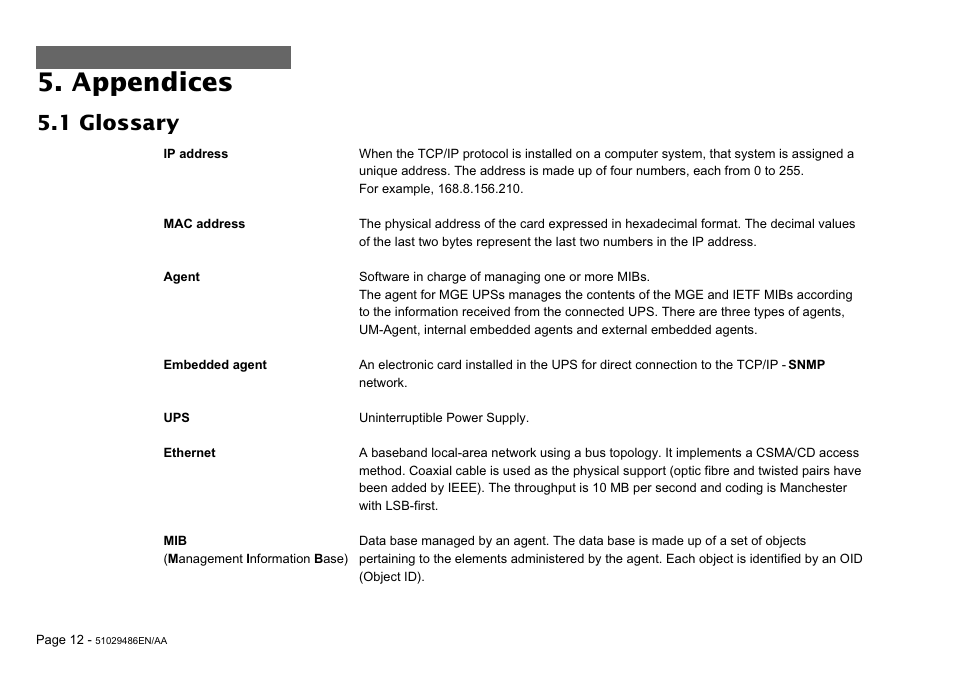 Appendices, 1 glossary | MGE UPS Systems SNMP 10BT User Manual | Page 12 / 14