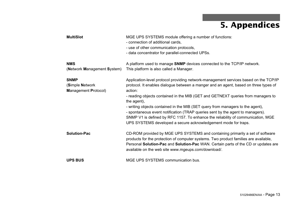 Appendices | MGE UPS Systems SNMP 10BT User Manual | Page 13 / 14