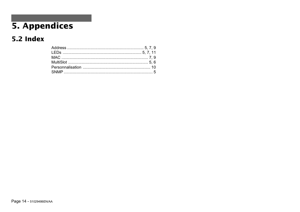 Appendices, 2 index | MGE UPS Systems SNMP 10BT User Manual | Page 14 / 14