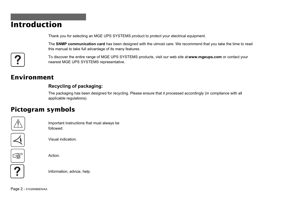 Introduction, Pictogram symbols, Environment | MGE UPS Systems SNMP 10BT User Manual | Page 2 / 14