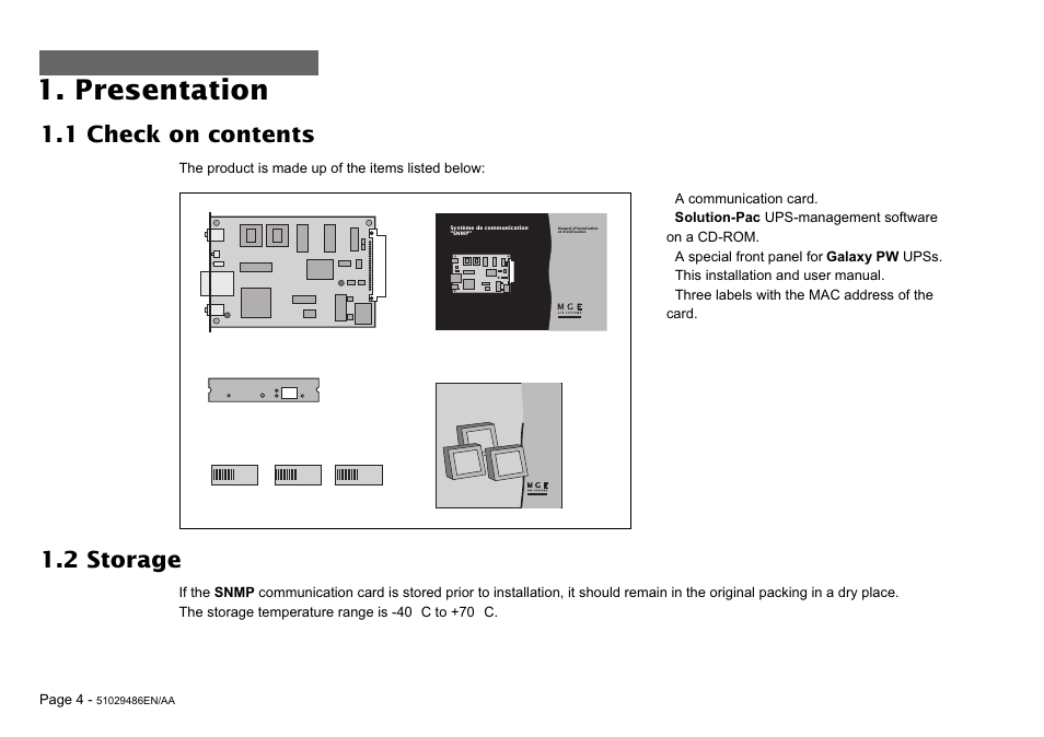 Presentation, 1 check on contents, 2 storage | MGE UPS Systems SNMP 10BT User Manual | Page 4 / 14