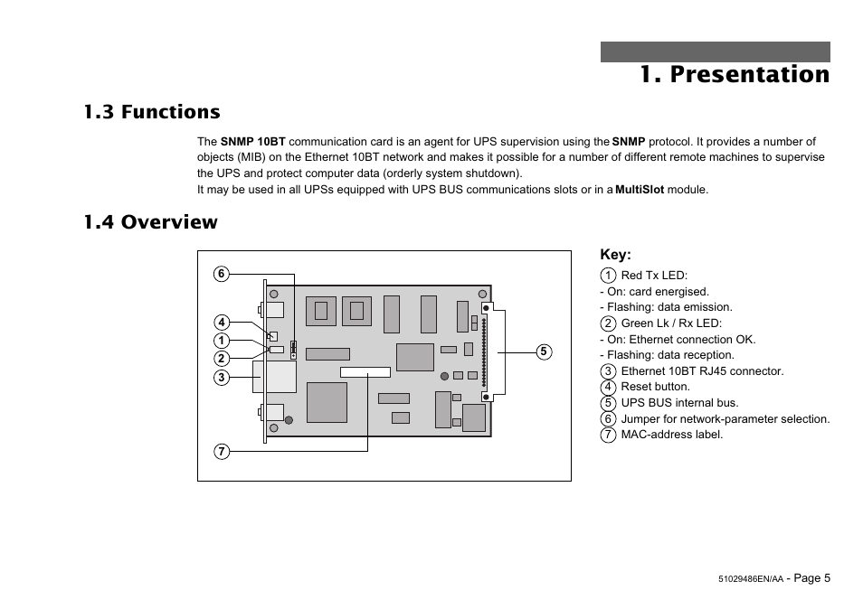 Presentation, 3 functions, 4 overview | MGE UPS Systems SNMP 10BT User Manual | Page 5 / 14