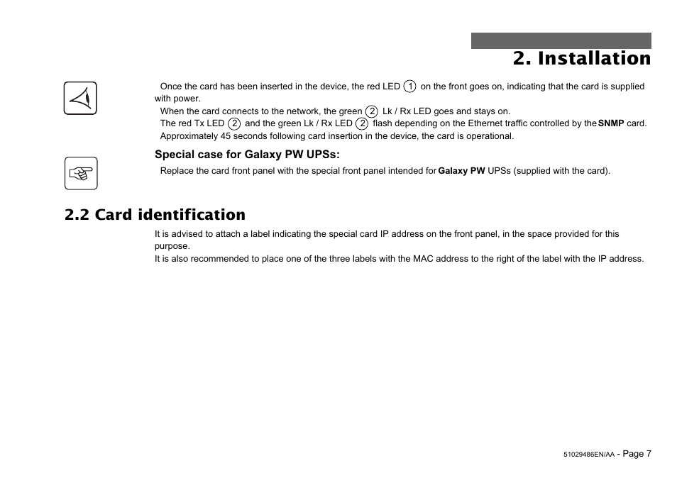 Installation, 2 card identification, Special case for galaxy pw upss | MGE UPS Systems SNMP 10BT User Manual | Page 7 / 14