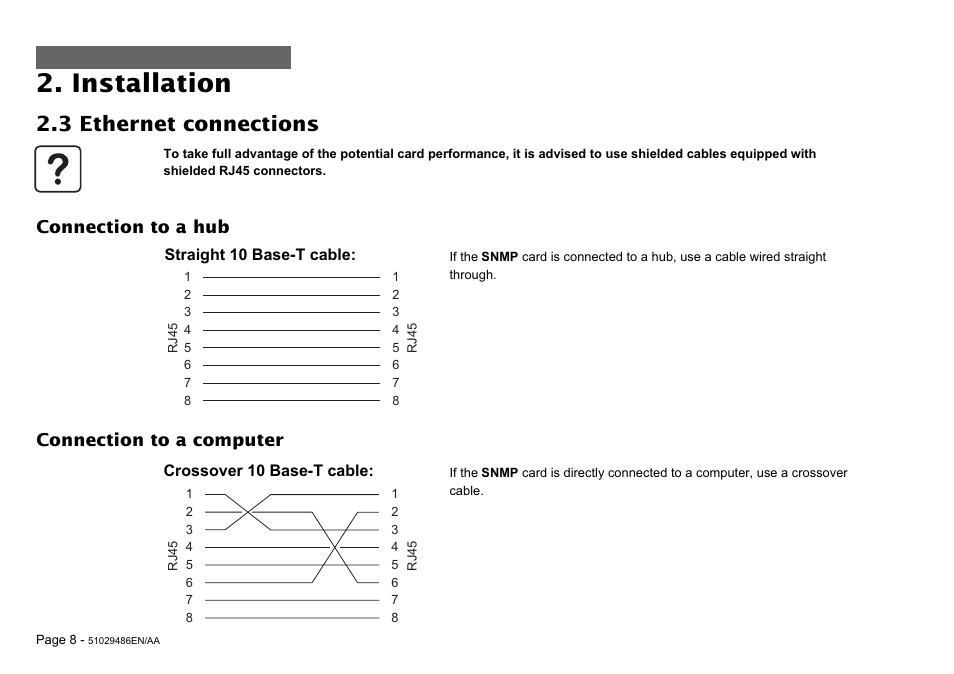 Installation, 3 ethernet connections | MGE UPS Systems SNMP 10BT User Manual | Page 8 / 14