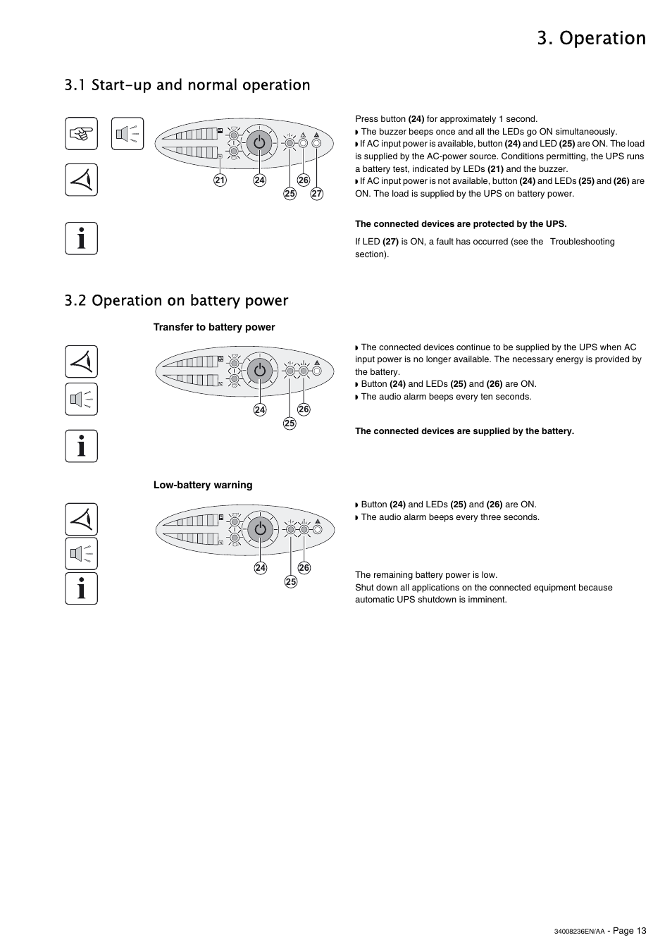 Operation, 1 start-up and normal operation, 2 operation on battery power | MGE UPS Systems S 1750 RT 2U User Manual | Page 13 / 22