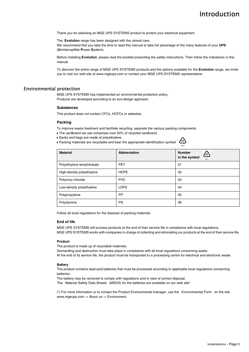 Introduction, Environmental protection | MGE UPS Systems S 1750 RT 2U User Manual | Page 3 / 22