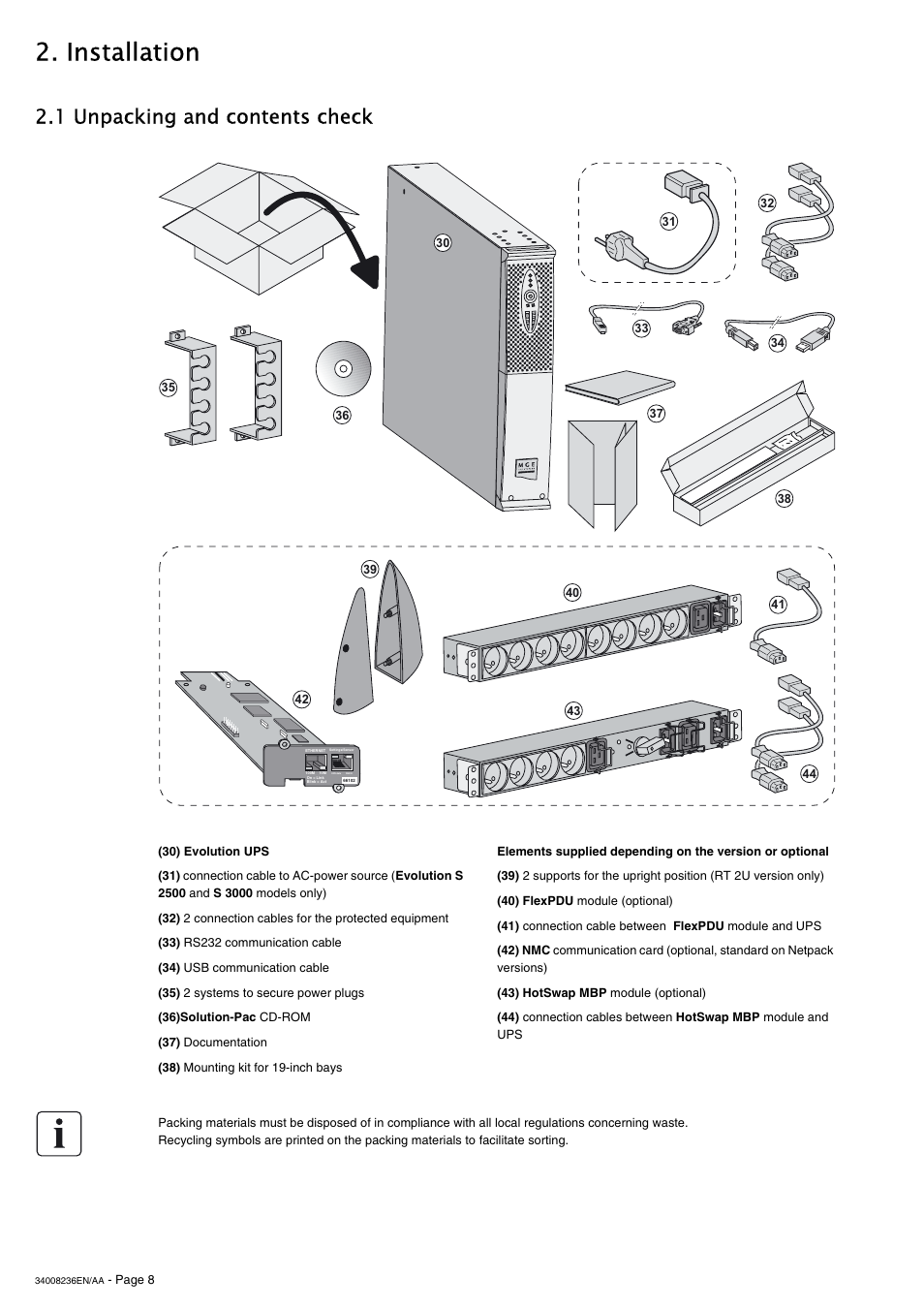 Installation, 1 unpacking and contents check | MGE UPS Systems S 1750 RT 2U User Manual | Page 8 / 22
