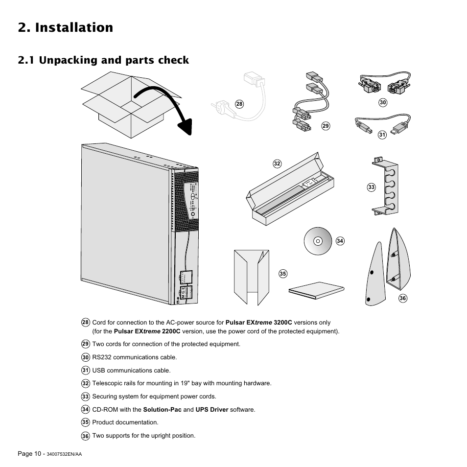 Installation, 1 unpacking and parts check | MGE UPS Systems 2200C User Manual | Page 10 / 28