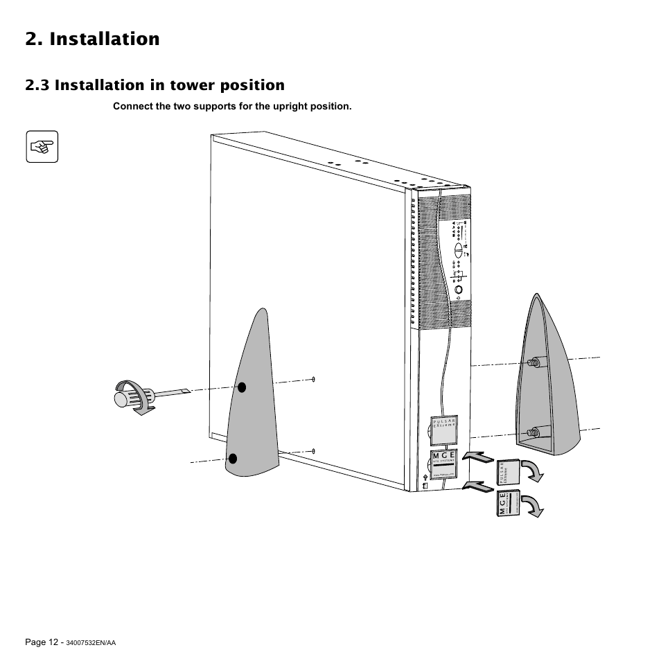 Installation, 3 installation in tower position | MGE UPS Systems 2200C User Manual | Page 12 / 28