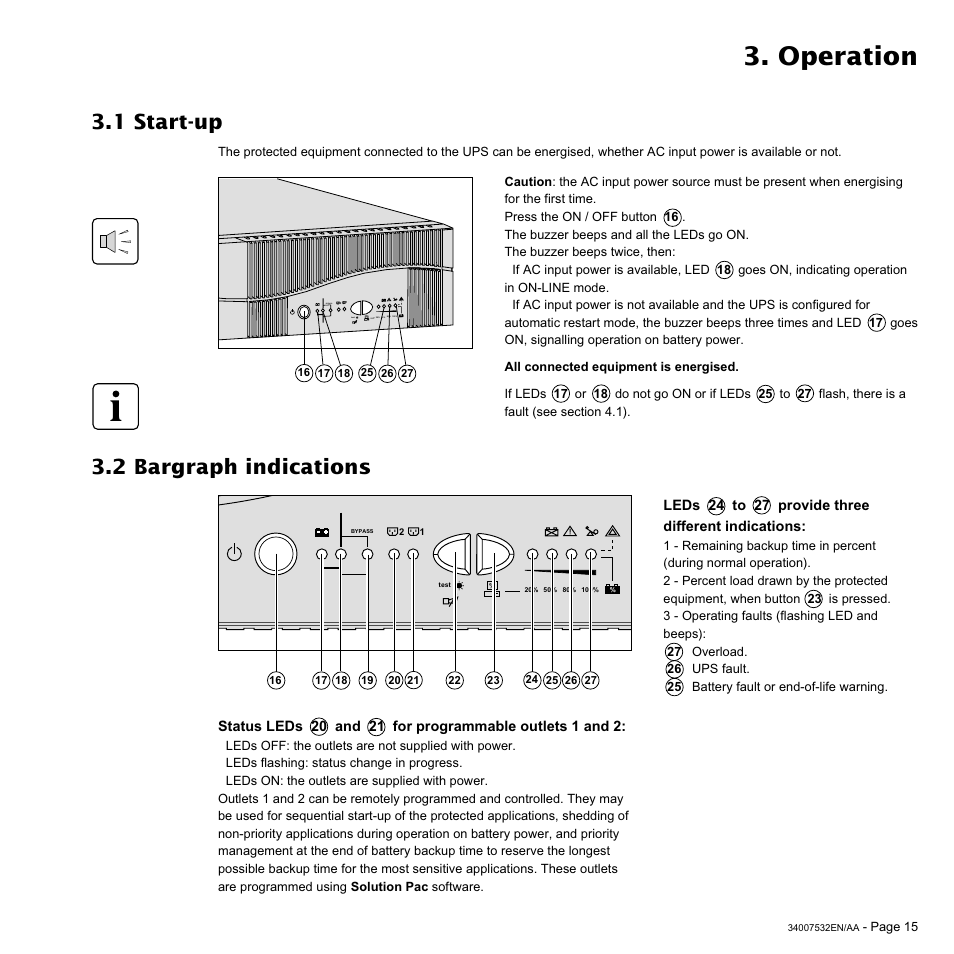 Operation, 1 start-up, 2 bargraph indications | MGE UPS Systems 2200C User Manual | Page 15 / 28