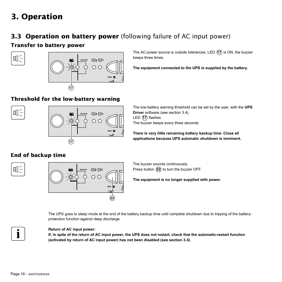 Operation, Transfer to battery power, Threshold for the low-battery warning | End of backup time | MGE UPS Systems 2200C User Manual | Page 16 / 28