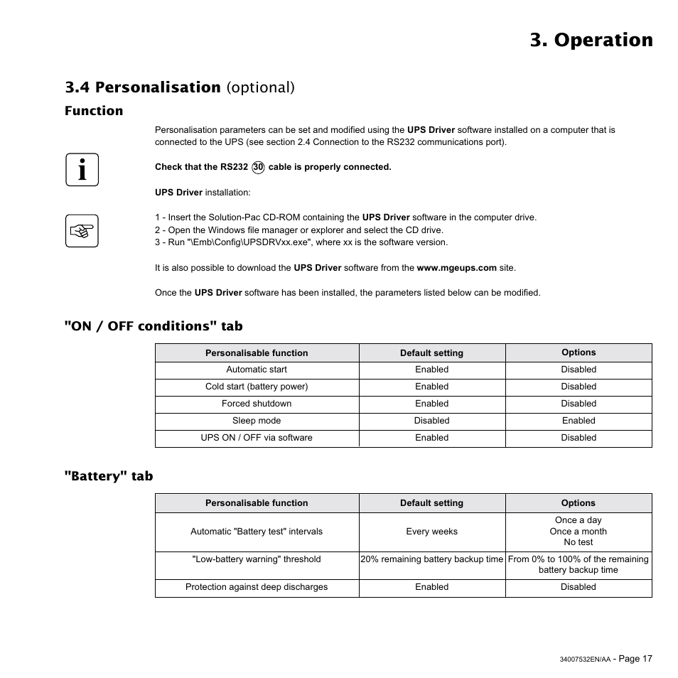 Operation, 4 personalisation (optional), Function | Battery" tab, On / off conditions" tab | MGE UPS Systems 2200C User Manual | Page 17 / 28