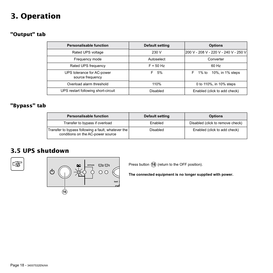 Operation, 5 ups shutdown, Output" tab "bypass" tab | MGE UPS Systems 2200C User Manual | Page 18 / 28