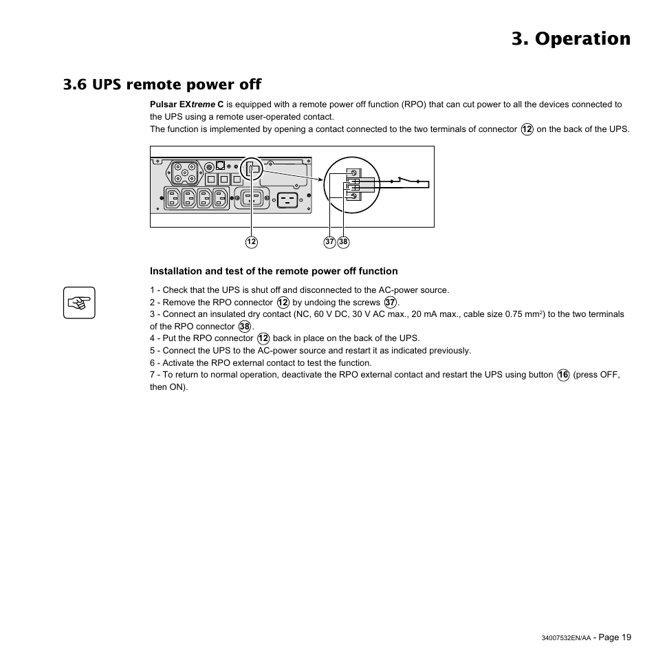 Operation, 6 ups remote power off | MGE UPS Systems 2200C User Manual | Page 19 / 28