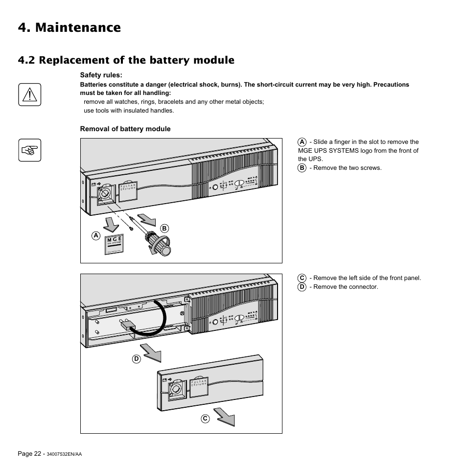 Maintenance, 2 replacement of the battery module | MGE UPS Systems 2200C User Manual | Page 22 / 28
