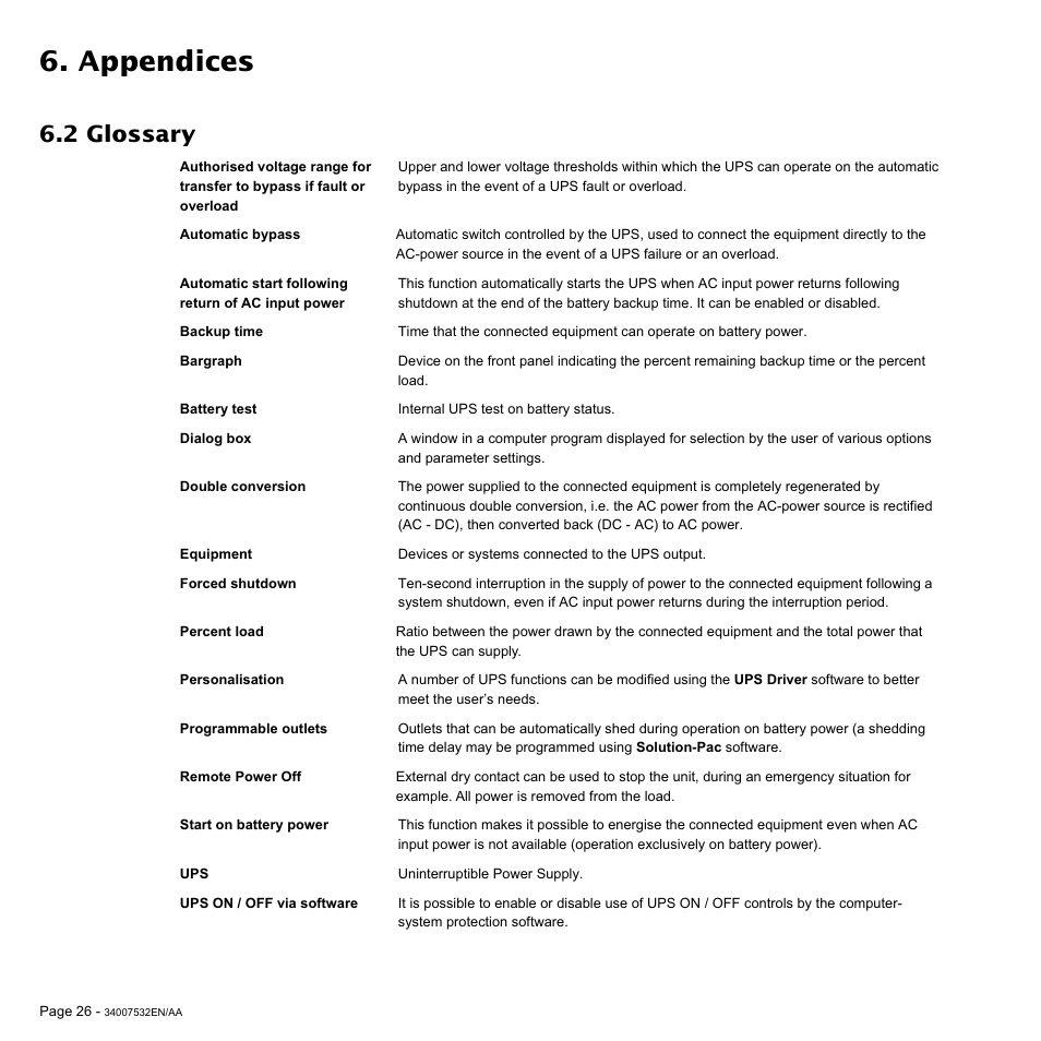 Appendices, 2 glossary | MGE UPS Systems 2200C User Manual | Page 26 / 28