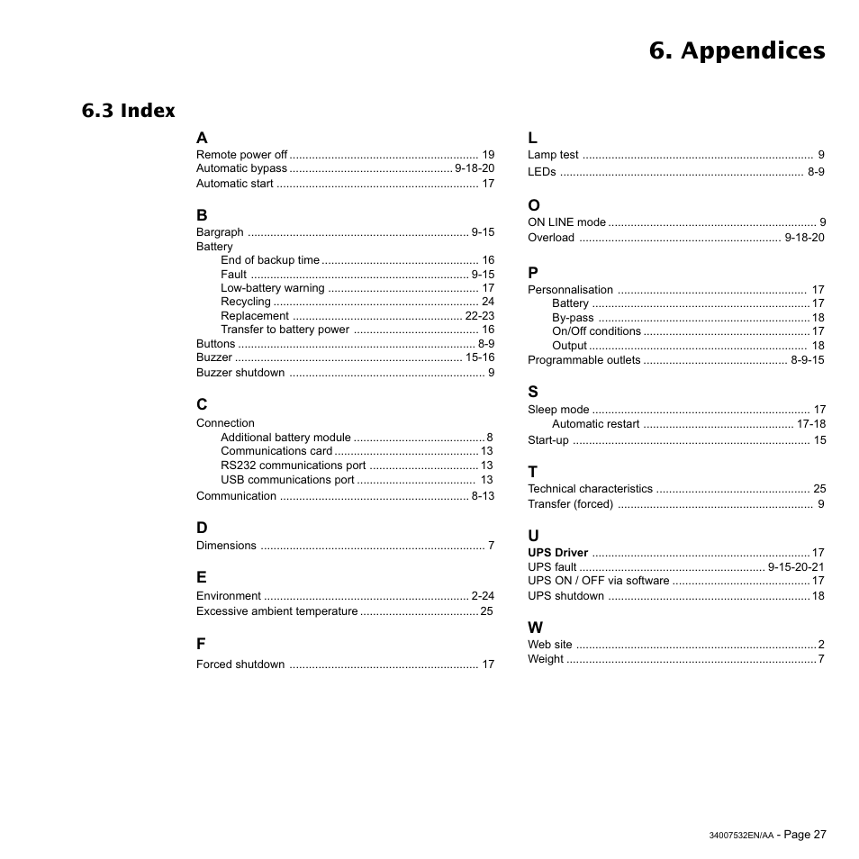 Appendices, 3 index | MGE UPS Systems 2200C User Manual | Page 27 / 28