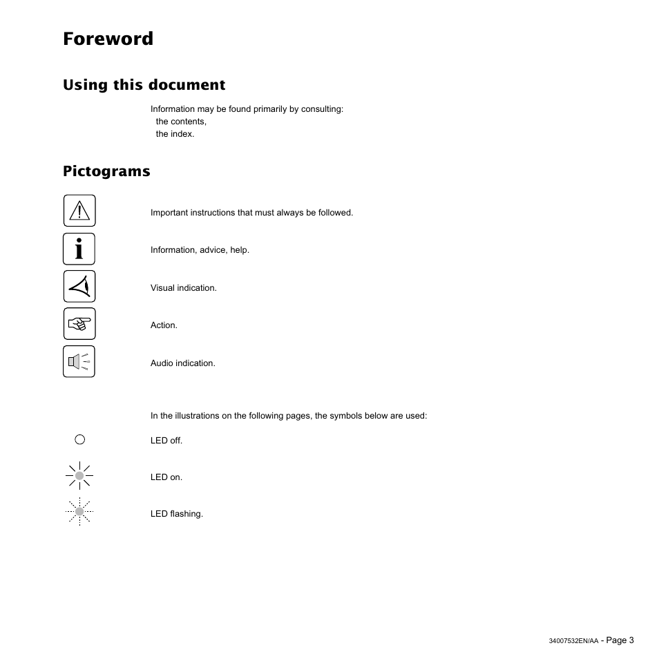 Foreword, Pictograms, Using this document | MGE UPS Systems 2200C User Manual | Page 3 / 28