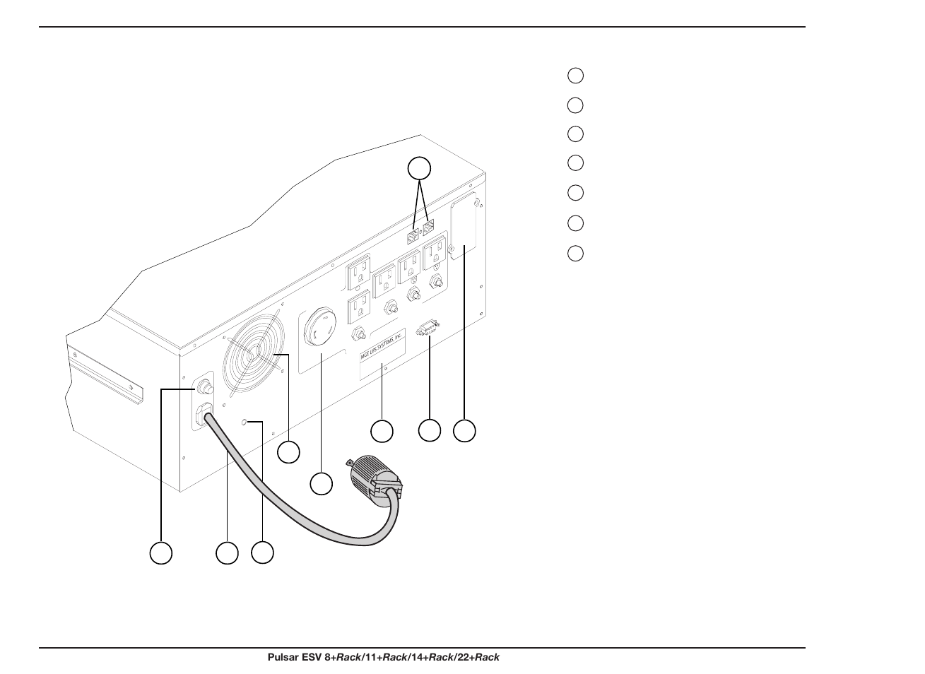 Key to diagrams page 6 to 8, Rear view of esv22+ rack | MGE UPS Systems ESV 11+Rack User Manual | Page 8 / 24