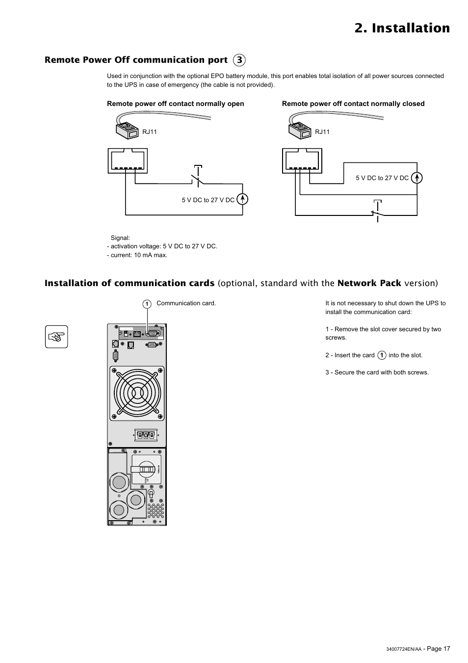 Installation, Remote power off communication port 3 | MGE UPS Systems Comet EX 11 RT 3:1 User Manual | Page 17 / 38