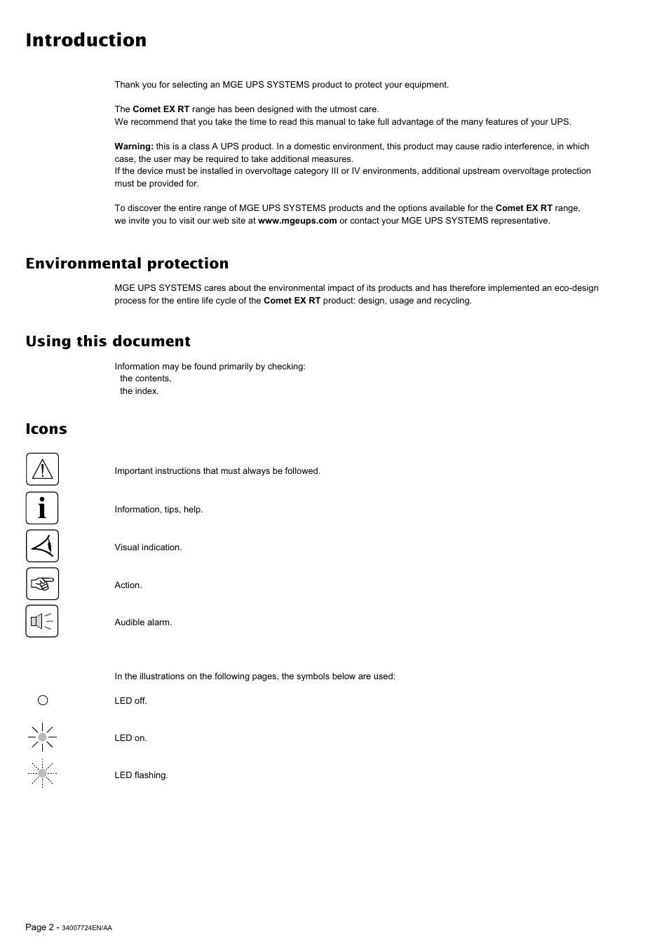 Introduction, Icons using this document, Environmental protection | MGE UPS Systems Comet EX 11 RT 3:1 User Manual | Page 2 / 38
