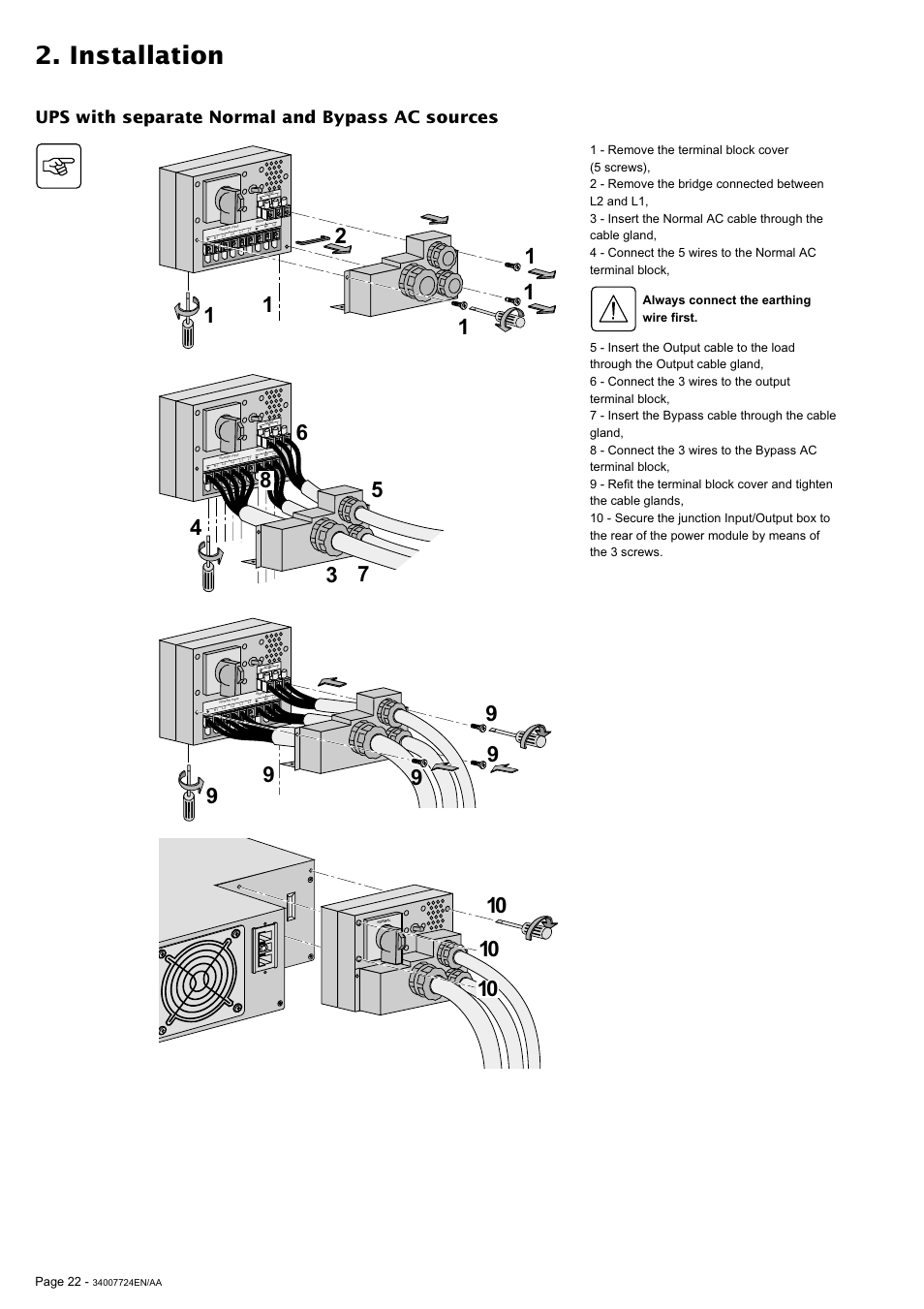 Installation, Ups with separate normal and bypass ac sources, Card settings rs232 download | MGE UPS Systems Comet EX 11 RT 3:1 User Manual | Page 22 / 38