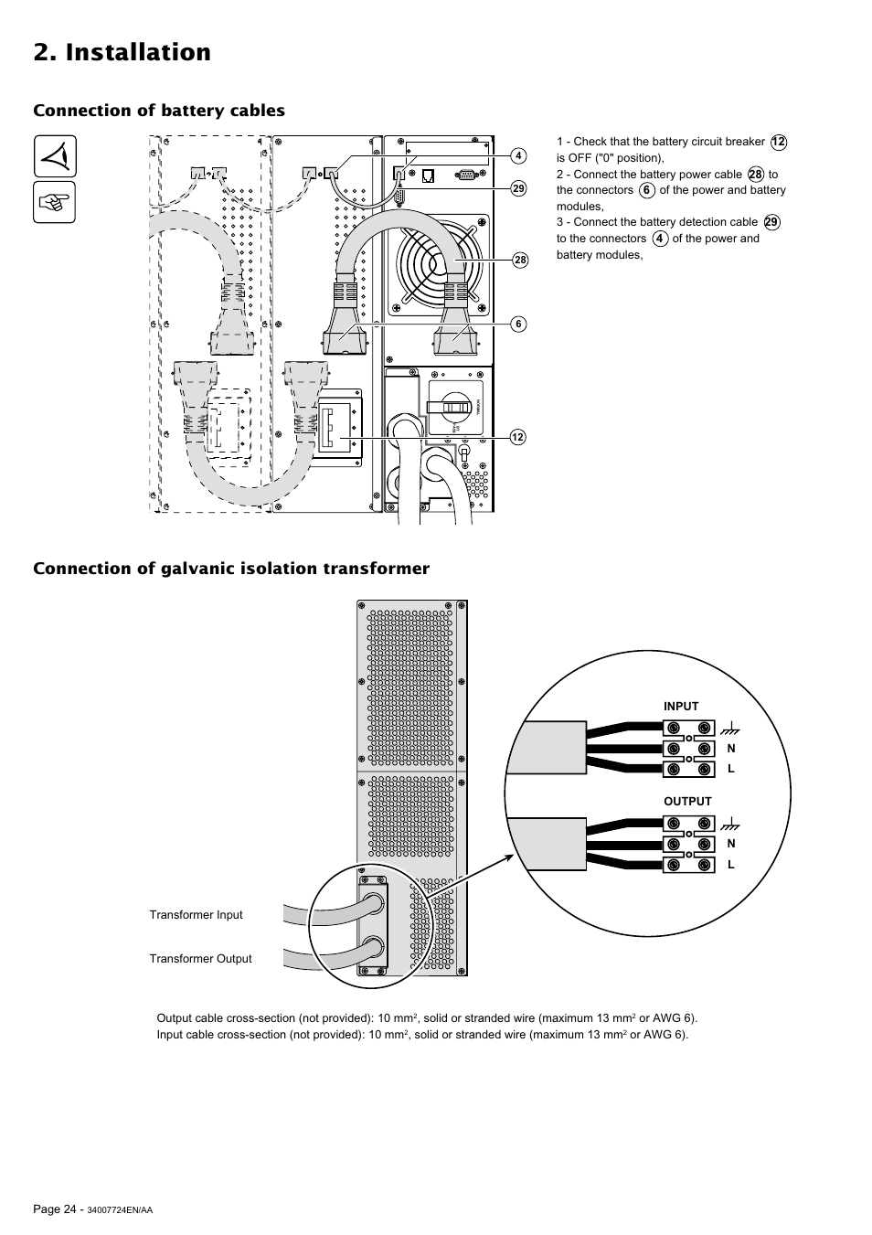 Installation, Connection of battery cables, Connection of galvanic isolation transformer | MGE UPS Systems Comet EX 11 RT 3:1 User Manual | Page 24 / 38