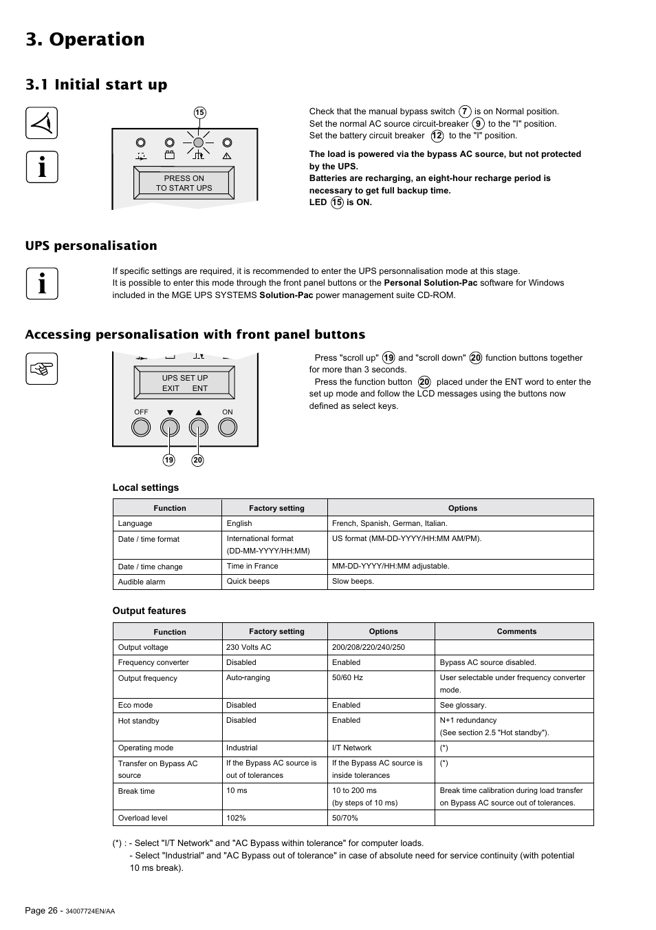 Operation, 1 initial start up, Accessing personalisation with front panel buttons | Ups personalisation | MGE UPS Systems Comet EX 11 RT 3:1 User Manual | Page 26 / 38