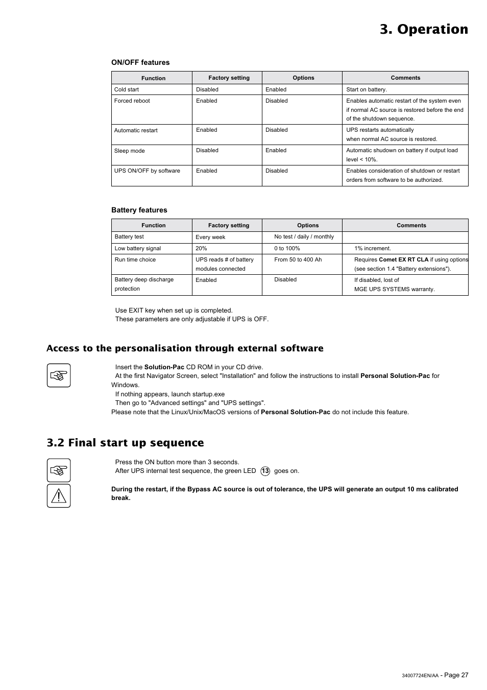 Operation, 2 final start up sequence | MGE UPS Systems Comet EX 11 RT 3:1 User Manual | Page 27 / 38
