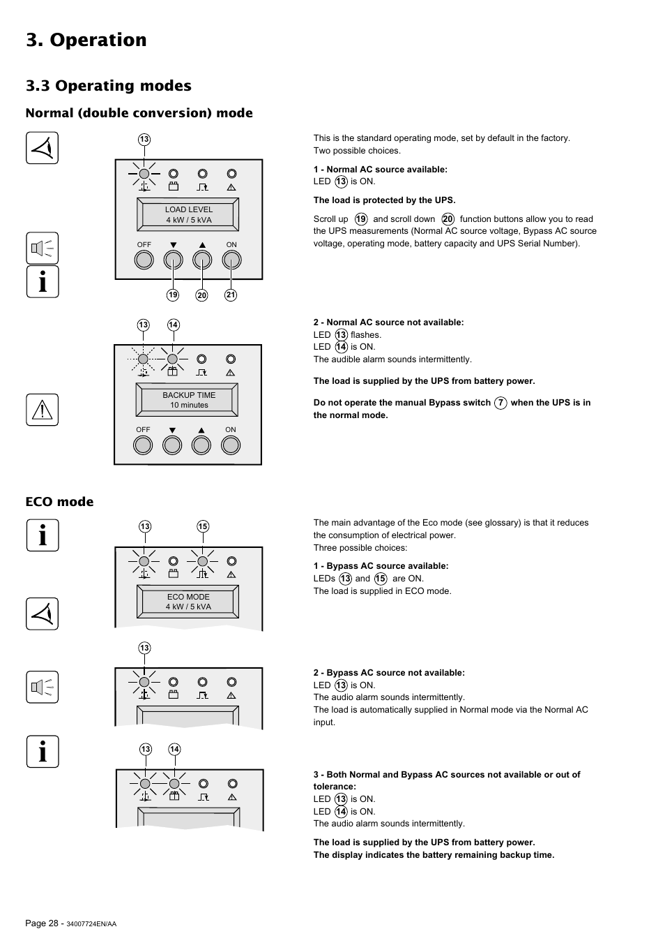 Operation, 3 operating modes, Eco mode | Normal (double conversion) mode | MGE UPS Systems Comet EX 11 RT 3:1 User Manual | Page 28 / 38