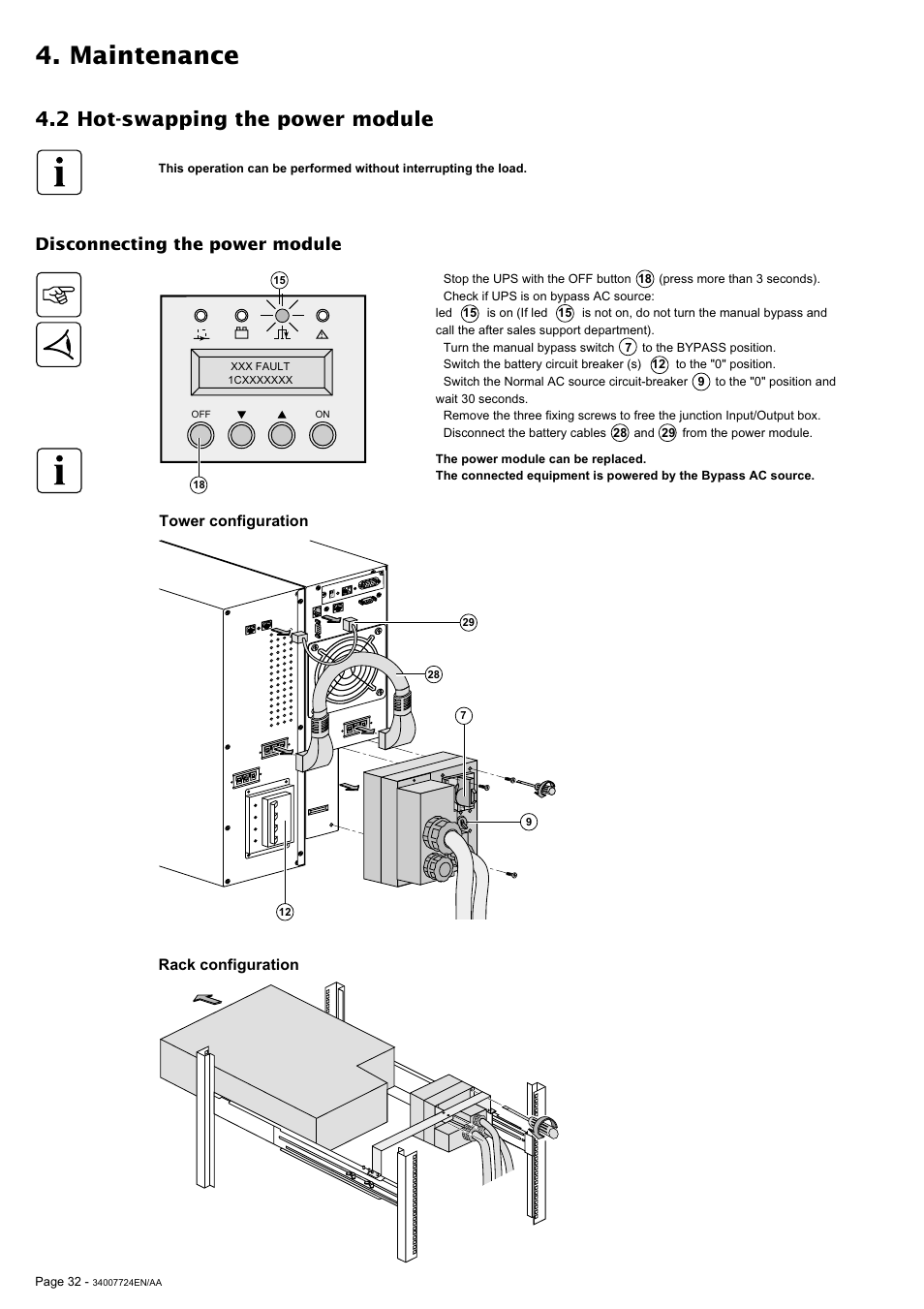 Maintenance, 2 hot-swapping the power module, Disconnecting the power module | Rack configuration tower configuration | MGE UPS Systems Comet EX 11 RT 3:1 User Manual | Page 32 / 38