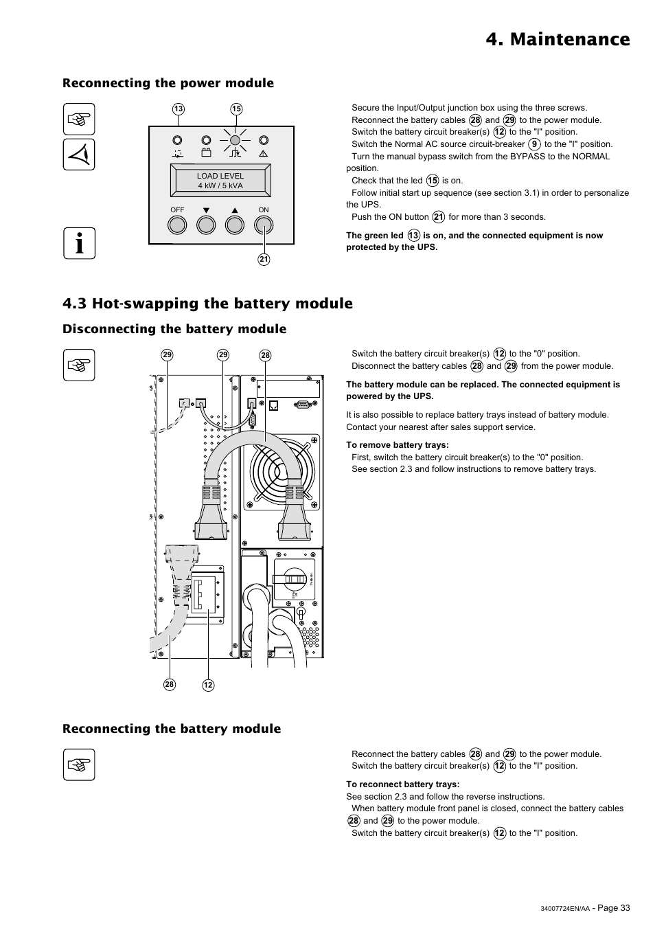 Maintenance, 3 hot-swapping the battery module, Disconnecting the battery module | Reconnecting the battery module, Reconnecting the power module | MGE UPS Systems Comet EX 11 RT 3:1 User Manual | Page 33 / 38