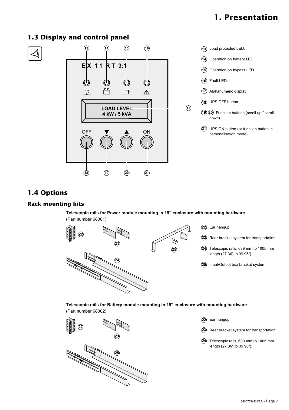 Presentation, 3 display and control panel, 4 options | E x 1 1 r t 3:1, Rack mounting kits | MGE UPS Systems Comet EX 11 RT 3:1 User Manual | Page 7 / 38