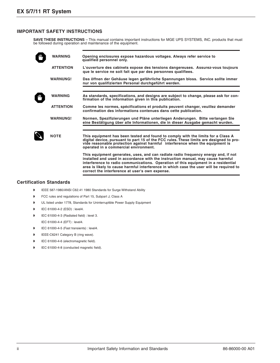 Ex 5/7/11 rt system, Important safety instructions, Certification standards | MGE UPS Systems EX 7RT User Manual | Page 2 / 72