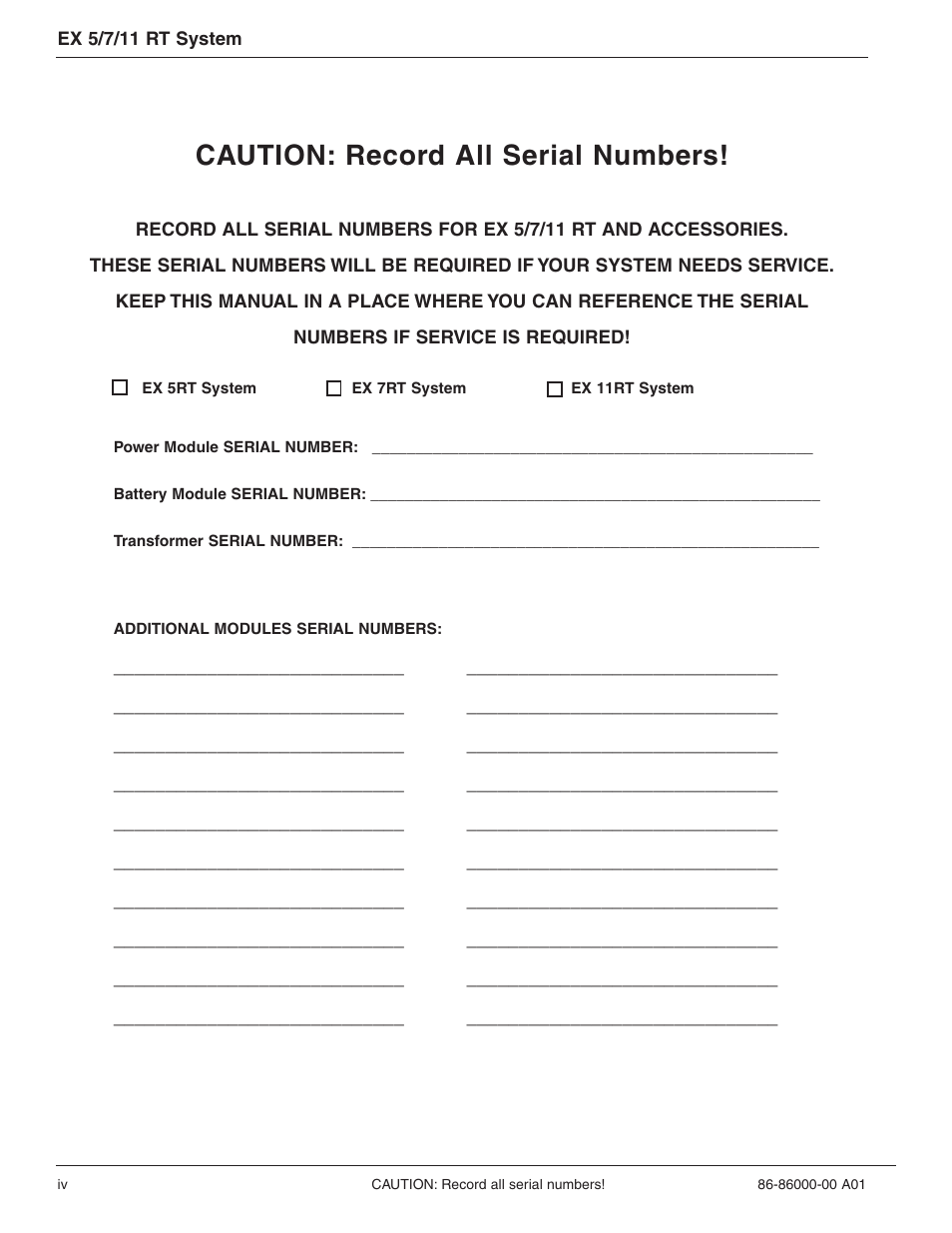 Caution: record all serial numbers | MGE UPS Systems EX 7RT User Manual | Page 4 / 72