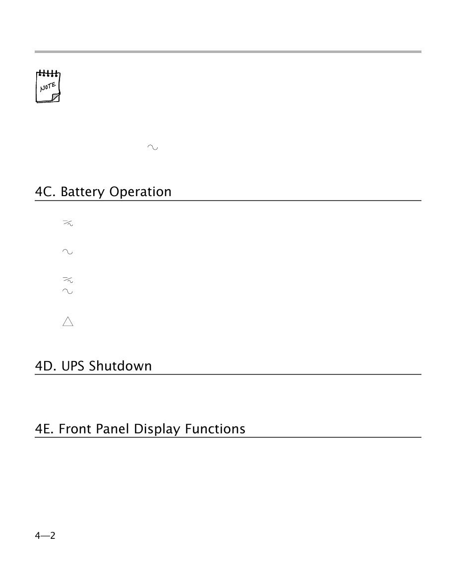 4c. battery operation, 4d. ups shutdown, 4e. front panel display functions | Led operation | MGE UPS Systems 4 User Manual | Page 16 / 34