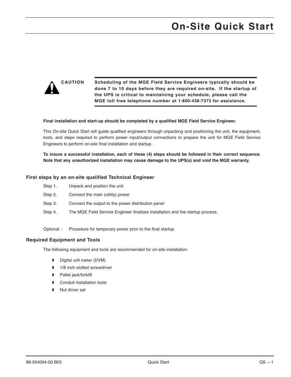 On-site quick start | MGE UPS Systems STS 600A User Manual | Page 11 / 66