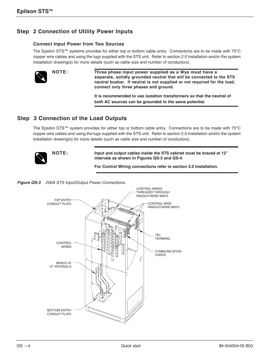 Step 2 connection of utility power inputs, Step 3 connection of the load outputs, Epilson sts | MGE UPS Systems STS 600A User Manual | Page 14 / 66