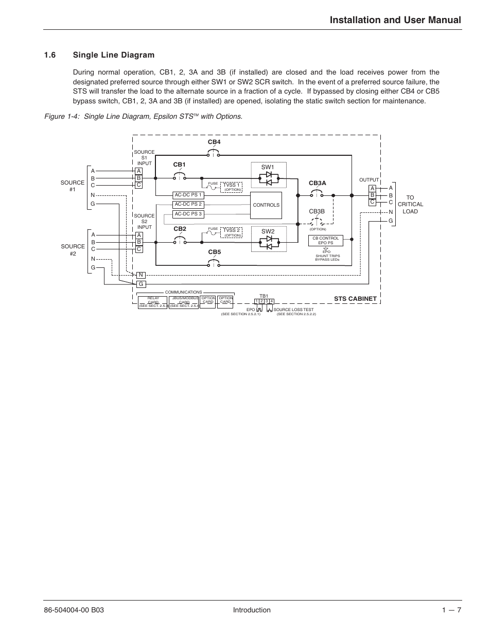 Installation and user manual, 6 single line diagram | MGE UPS Systems STS 600A User Manual | Page 23 / 66